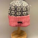 Strikket Hue uld med foer og ombuk - Grå/natur med Rosa, Strikket Hue uld med foer og ombuk- , lyserød, opbuk, opslag, ribkant, klædelig, varm, vindtæt, speciel, dansk mønster, design, biti, ribe, vinterhue, varme ører, vadehavet,