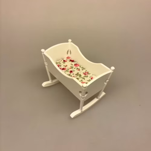 Miniature Vugge Hvid, barneseng, børneseng, spædbarn, nyfødt, dukkeseng, dukkehus, dukkehusmøbler, børneværelse, 1:12, miniaturer, babyseng, sjov, gave, symbolsk, barnedåb, dåbsgave, barselsgave, nissehus, nissebo, nissetilbehør, nisseting, ting, til, dukkestue, mini, biti, ribe, 2959, hvid