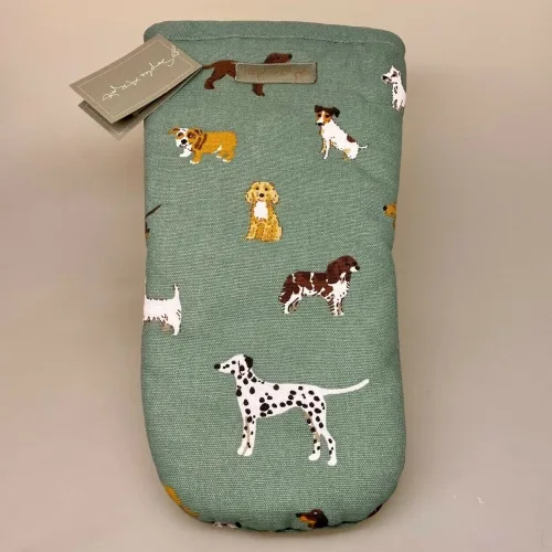 Grillhandske bomuld med tryk - Forskellige Hunde, ting med hunde, fetch, sophie allport, køkkenting, kok, madlavning, gaveide, julegave, gravhund, jack russel, westie, west highland terrier, bulldog, golden retriever, brun labrador, dalamatiner, spaniel, dansk svensk gård hund, biti, ribe