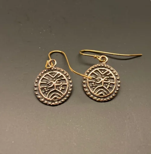 Bronze Ørehængere - Ribemønt, mønt, numismatiker, bracteat, gammel, gamle, vikingfund, ribe, udgravninger, skat. sølvskat, hedeby, vikingetiden, vikingesmykker, vikingeøreringe, øreringe, hængeøreringe, ørehængere, bronze, gylden, kobber, kobberbryllup, kobbersmykker, nordiske, guder, mytologi, aser, odin, thor, ydun, idun, freja, frej, odinsmaske, fabeldyr, museumssmykker, museums, kopi, kopismykker, biti, ribe, ansgar, dronning, dagmar, vadehavet, riberhus, valdemar,