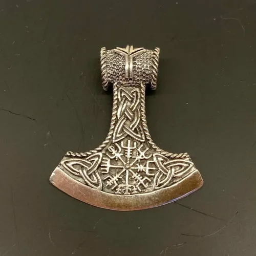 Vikingevedhæng sølv Thorshammer med Vegvisir, vejviser, magisk, amulet, amullet, hesketegn, magi, beskyttelse, islandsk, nordisk, mytologi, vikinger, aser, asatro, guder, gamle, vikinger, vikingefund, fund, udgravninger, runer, keltisk, sølv, ægte, original, museumssmykker, museums, biti, ribe, sølv, thorshammer, mjølner