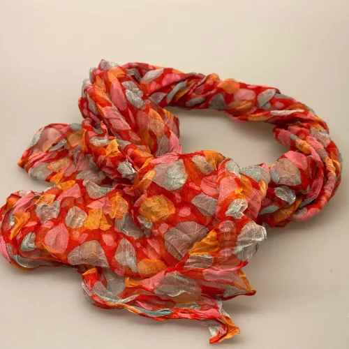 Twistet Silkechiffon med tryk 1101 - Rød/Rosa