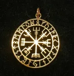 Bronze Vedhæng Vegvisir med runer, amulet, runer, runeskrift, runesten, runestav, magisk, amuletter, heksetegn, vejviser, vedhæng, bronze, kobber, gyldent, halskæde, halssmykke, museums, smykker, vikinge, fund, kopi, ansgar, ribe, biti, rundt, specielt, gaveide,