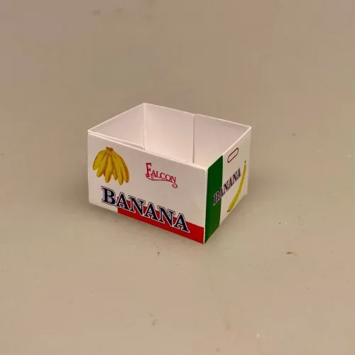 Miniature Banan kasse, Miniature Kasse med bananer, banana, banankasse, bananklase, modne bananer, frugt, frugtkasse, dukkehus, dukkehusting, dukker, dukkestørrelse, mini, miniature, miniaturer, samler, 1:12, skala, legemad, biti, ribe, køb bananer,
