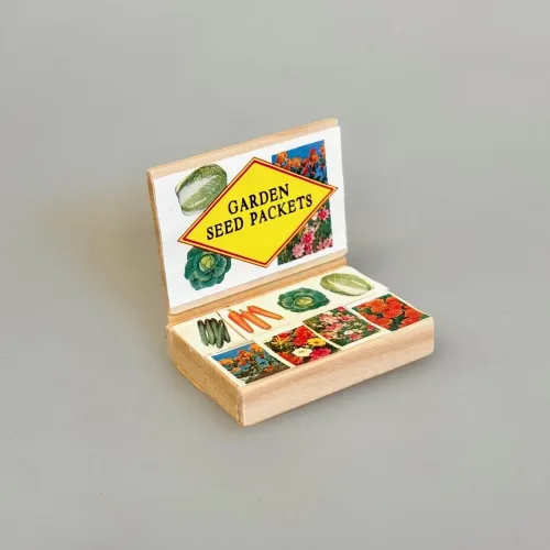 Miniature Kasse med frøposer grøntsager, hjemmedyrkede, grøntsager, havearbejde, frøposer, blomsterfrø, grøntsagsfrø, forspiring, udplantning, havearbejde, biti, ribe, miniaturer, tomater, drivhus, gavekort, gaveide, symbolsk, gave, sangskjuler