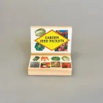 Miniature Kasse med frøposer grøntsager, hjemmedyrkede, grøntsager, havearbejde, frøposer, blomsterfrø, grøntsagsfrø, forspiring, udplantning, havearbejde, biti, ribe, miniaturer, tomater, drivhus, gavekort, gaveide, symbolsk, gave, sangskjuler