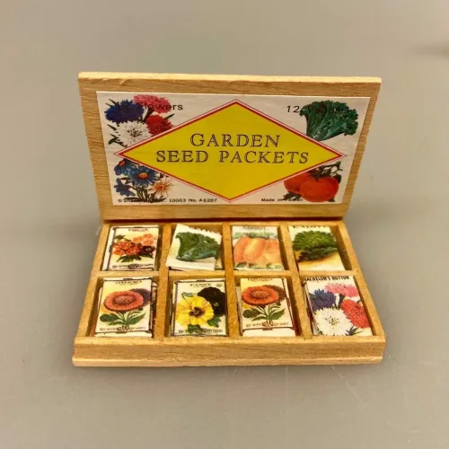 Miniature Kasse med frøposer grøntsager, hjemmedyrkede, grøntsager, havearbejde, frøposer, blomsterfrø, grøntsagsfrø, forspiring, udplantning, havearbejde, biti, ribe, miniaturer, tomater, drivhus, gavekort, gaveide, symbolsk, gave, sangskjuler