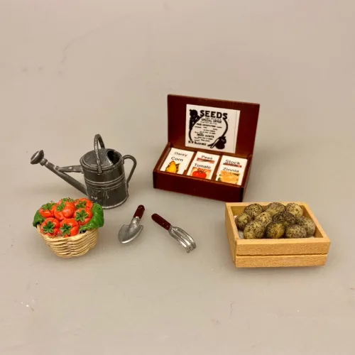 Miniature Kasse med frøposer grøntsager, hjemmedyrkede, grøntsager, havearbejde, frøposer, blomsterfrø, grøntsagsfrø, forspiring, udplantning, havearbejde, biti, ribe, miniaturer, tomater, drivhus, gavekort, gaveide, symbolsk, gave, sangskjuler