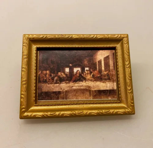Miniature Maleri Den Sidste Nadver, miniature, maleri, kunst, kunstværk, Leonardo di Vinci, mysteriet, billedkunt, kunsthandler, kunstværk, oliemaleri, guldramme, kendt, dukkehus, dukkehuset, tilbehør, mini, maleri, biti, ribe, italien, kunstmuseum