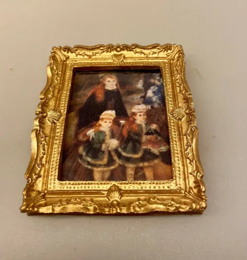 Miniature Maleri Renoir 3 piger, Renoir, maleri, miniature, billede, dukkehuset, dukkehusmaleri, dukkehuset, pynt, dekoration, kunst, kunst, kunstmaler, billedkunst, oliemaleri, lille, sætterkasse, symbolsk, gave, gaveide, biti, ribe