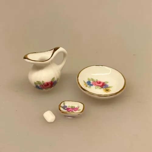 etagevask i det daglige., Miniature Vatdåse med roser, porcelænsdåse, badeværelse, tilbehør, bad, gå glad i bad, bodouir, dameting, dukkehusting, dukkehustilbehør, biti, ribe