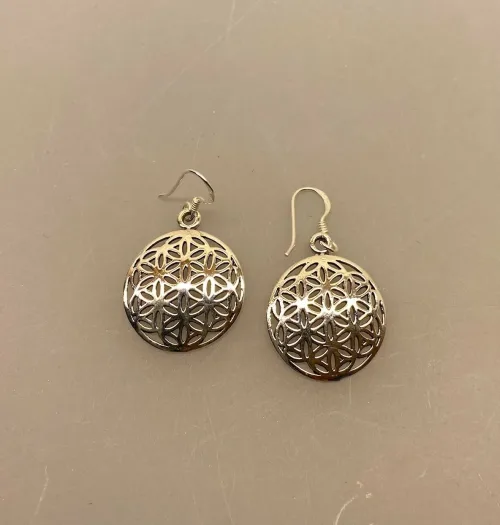 Ørehængere i sølv - Livets Blomst buet, Vikingeøreringe i sølv - Ørehængere - Livets Blomst, amulet, amuletter, livsblomsten, beskyttelse, lykke, sølv, sølvøreringe, øreringe, ørehængere, hængeøreringe, ørehængere, store, sterling sølv, 925, ægte, nikkelfri, ren sølv, massive, specielle, østen, mystik, chakra, yoga, gaveide, gave, student, fødselsdag, eksotiske, ribe, biti, 15931