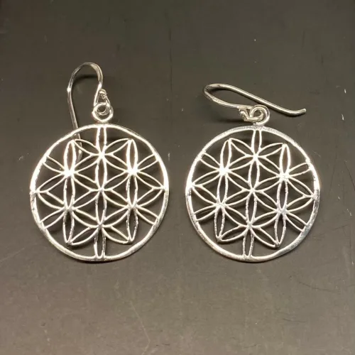 Ørehængere i sølv - Livets Blomst flad, amulet, magisk, lykkeamulet, rejse, beskyttelse, skytsengel, gaveide, yoga, østen, mystik, chakra, øreringe, hængeøreringe, store, flotte, specielle, student, studentergave, fødselsdag, yogalærer, instruktør, indsigt, biti, ribe, ægte, ren sølv, sterling sølv, nikkelfri, billige