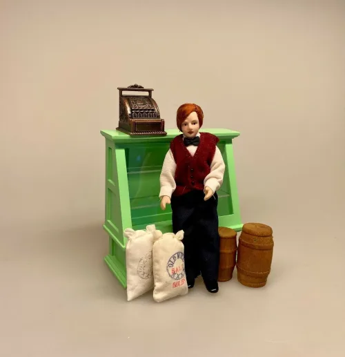 Miniature Kasseapparat Antik Kobber, antik, gammelt, gammeldags, kasse, pengekasse, købmand, købmandsbutik, høker, dukkehus, miniature, symbolsk, gave, gaveide, selvstændig, egen, butik, butiksejer, butiksuddannet, tilbehør, dukkekøbmand, dukkebutik, 1:12, manufaktur, biti, ribe