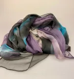 Silkechiffon 1163 XL - Antrazit/Turkis/Lyslilla, 1163-248, silke, silketørklæde, ren, ægte, tyndt, let, elegant, stort, lækkert, kvalitet, silkestola, festligt, farverigt, gave, gaveide, flot, koloreret, interessant, håndlavet, koksgrå, gråt, sort, biti, ribe