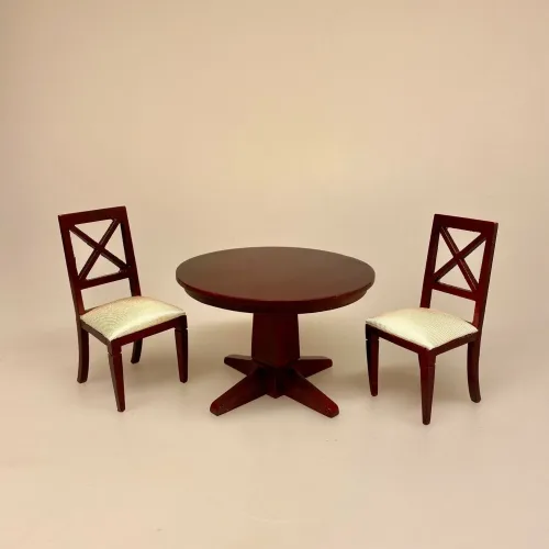 Miniature Spisebor0d Rundt Mahogni, spisebord, dukkehusmøbler, dukkehus, dukkehuset, dukkehustilbehør, dukkehusting, miniature, miniaturer, ting til dukkehus, firkantet, biti, ribe, gavekort, symbolsk gave, gave, bord i gave, gavekort til møbler,valnød, valnøddebrunt, brun bejdset, brunt bord, spisebord, nisser, nisserne, tilbehør, ting til, rundt, spisebord, dukkemøbler, 1:12, Miniature Stol Mahogni med Kryds