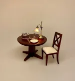 Miniature Bestik - Kniv Gaffel & Ske guld til 2, Miniature Bordlampe med Rosa Tulipan skærm, dukkehuslampe, lampe, bordlampe, plisse, plisseret skærm, messing, dukkehusting, dukkehustilbehør, miniaturer, biti, ribe, til nisser