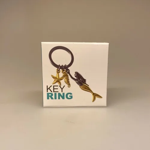 Nøglering Havfrue Søstjerne og Søhest, havfrue, mermaid, sirene, fabel, fantasi, væsen, havvæsen, eventyr, den lille, h.c.andersen, gave, gaveide, symbolsk, svømning, søfolk, sømand, skipper, styrmand, søfart, bevis, matros, sejler, skib, båd, nøglering, biti, ribe