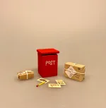 Miniature Postkasse Rød, breve, post, posthus, julepost, julekort, nissepost, nisser, nissehus, nissebo, nisserne, nissedør, miniaturer, dukkehus, tilbehør, ting til, sættekasse, sætterkassen, sætterkasseting, amagerhylde, dukkehusting, dukkehustilbehør, postbud, avisbud, reklamer, sangskjuler, sjov, symbolsk, gave, 1:12, biti, ribe