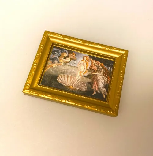 Miniature Maleri Venus' Fødsel, venus af Milo, venus, Sandro, Bottecelli, italiensk, Firenze, miniature, maleri, kunst, kunstværk, Leonardo di Vinci, mysteriet, billedkunt, kunsthandler, kunstværk, oliemaleri, guldramme, kendt, dukkehus, dukkehuset, tilbehør, mini, maleri, biti, ribe, italien, kunstmuseum