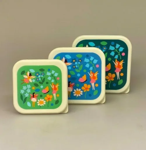 Madkasse sæt/3 bokse - Blomster og Feer, sommerfugle, alfer, alf, haven, vilde blomster, blomstereng, snack, snackboks, frokost, frugt, pause, frokostpause, mellemmåltid, gnavegrønt, skole, vuggestue, børnehave, arbejde, job, madpakke, madkasse, udflugt, på tur, skovtur, sødt, bio, insekter, natur, biti, ribe