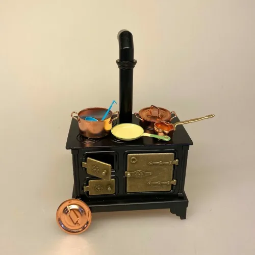 Miniature Støbejerns Komfur, komfur, dukkekomfur, ovn, miniaturer, dukkehusting, ting til dukkehuset, dukkekøkken, støbejern, støbejernskomfur, nissebo, ting til nisser, nissetilbehør, dukketilbehør, mini, 1:12, skala, lille, småt, doll house, miniaturen, biti, ribe