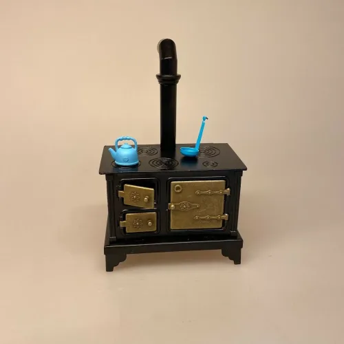 Miniature Støbejerns Komfur, komfur, dukkekomfur, ovn, miniaturer, dukkehusting, ting til dukkehuset, dukkekøkken, støbejern, støbejernskomfur, nissebo, ting til nisser, nissetilbehør, dukketilbehør, mini, 1:12, skala, lille, småt, doll house, miniaturen, biti, ribe