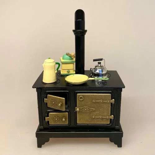 Miniature Støbejerns Komfur, komfur, dukkekomfur, ovn, miniaturer, dukkehusting, ting til dukkehuset, dukkekøkken, støbejern, støbejernskomfur, nissebo, ting til nisser, nissetilbehør, dukketilbehør, mini, 1:12, skala, lille, småt, doll house, miniaturen, biti, ribe