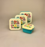 Madkasse sæt/3 bokse - Vilde Blomster, Snackboks med klemmer - Turkis Blomster, vilde, blomstereng, markblomster, vildt, blanding, med vilje, sommerfugle, bento, elastik, oval, flere rum, madpakke, madkasse, frugt, gnavegrønt, grønt, spisepause, frikvarter, frugtpause, boks, snack, nødder, sød, til, børn, voksne, arbejde, job, medbragt, frokost, pause, børnehave, vuggestue, skole, skolestart, biti, ribe