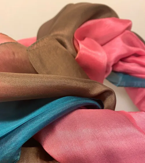 Silketørklæde Pongé 1804 XL - Petrol/Brun/Rosa, stola, bolero, festtøj. assesories, feststola, over skuldrene, galla, biti, ribe, lyserød, koloreret, gave, gaveide, flot, stort, silketørklæde, luksus, elegant