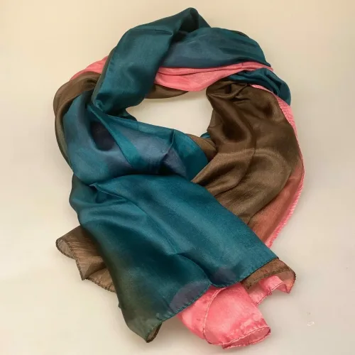 Silketørklæde Pongé 1804 XL - Petrol/Brun/Rosa, stola, bolero, festtøj. assesories, feststola, over skuldrene, galla, biti, ribe, lyserød, koloreret, gave, gaveide, flot, stort, silketørklæde, luksus, elegant