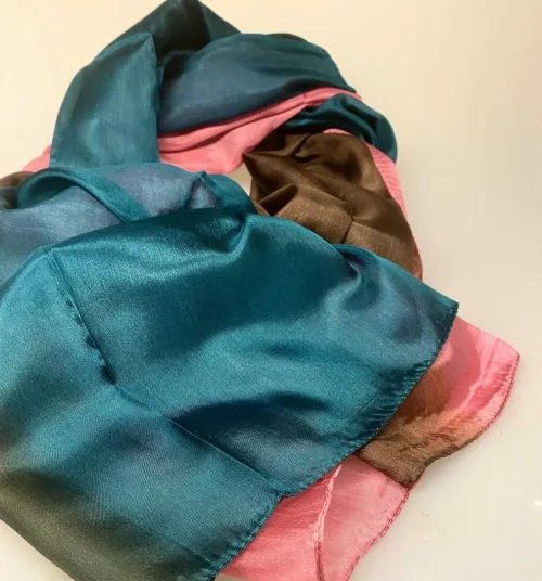 Silketørklæde Pongé 1804 XL - Petrol/Brun/Rosa, stola, bolero, festtøj. assesories, feststola, over skuldrene, galla, biti, ribe, lyserød, koloreret, gave, gaveide, flot, stort, silketørklæde, luksus, elegant