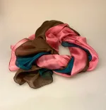 Silketørklæde Pongé 1804 XL - Petrol/Brun/Rosa, stola, bolero, festtøj. assesories, feststola, over skuldrene, galla, biti, ribe, lyserød, koloreret, gave, gaveide, flot, stort, silketørklæde, luksus, elegant