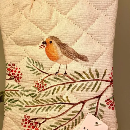 Grillhandske Bomuld med Rødhals, grillhandske, grillvante, køkken, tekstiler, rødhals, rødkælk, fugl, fin, kok, grene, røde bær, fauna, vilde, vild, med vilje, biodiversitet, biti, ribe, gave, gaveide