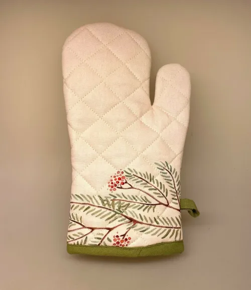 Grillhandske Bomuld med Rødhals, grillhandske, grillvante, køkken, tekstiler, rødhals, rødkælk, fugl, fin, kok, grene, røde bær, fauna, vilde, vild, med vilje, biodiversitet, biti, ribe, gave, gaveide