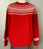 Harley of Scotland Pullover - Færø Mønster Rød, rigtig, rød, postkasserød, julerød, julestrik, jule, sweater, strik, trøje, damestrik, pigestrik, pullover, trøje, ren, 100% uld, lambswool, skotsk, færøisk, færø, ulden, uldstrik, let, lun, smart, moderne, klassisk, flot, rød, hvid, hipster, hip, biti, ribe, norsk, vadehavet, sort, sol,
