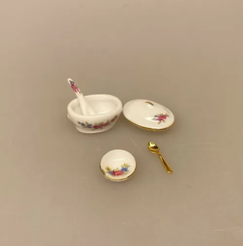 Miniature Serverings Bestik Porcelæn Blomst, smørekniv, ske, opøser, palet, paletkniv, pallet, spatel, servering, miniature, miniaturer, 1:12, dukkehus, tilbehør, ting, biti, ribe