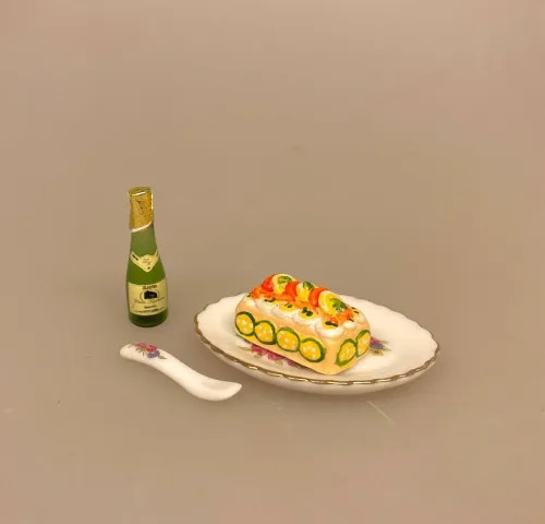 Miniature Serverings Bestik Porcelæn Blomst, smørekniv, ske, opøser, palet, paletkniv, pallet, spatel, servering, miniature, miniaturer, 1:12, dukkehus, tilbehør, ting, biti, ribe