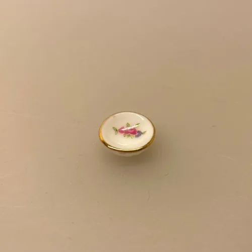 Miniature Skål Porcelæn Blomst Ø 16 mm, mini, skål, dyb, tallerken, service, porcelæn, roser, blomster, suppeskål, dukkehus, dukkehustilbehør, ting til, tilbehør, miniature, nisser, nisse, nissedør, nissebo, dukkehusting, 1:12, biti, ribe, sangskjuler, symbolsk, gave, gaveide, tale, tjener, bord, borddækning,