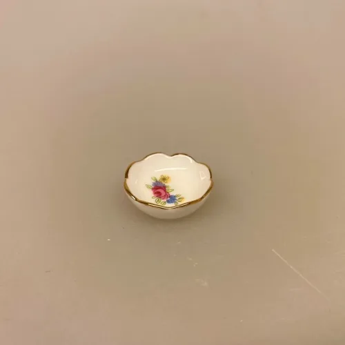 Miniature Skål Porcelæn Blomst Ø 20 mm, mini, skål, dyb, tallerken, service, porcelæn, roser, blomster, suppeskål, dukkehus, dukkehustilbehør, ting til, tilbehør, miniature, nisser, nisse, nissedør, nissebo, dukkehusting, 1:12, biti, ribe, sangskjuler, symbolsk, gave, gaveide, tale, tjener, bord, borddækning,