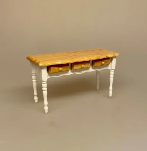 Miniature Køkkenbord - Hvid Natur, køkken, bord, skuffer, bagebord, bagning, køkkenmøbler, dukkehus, ting til, tilbehør, dukkehusmøbler, dukkemøbler, miniaturer, miniature, 1:12, nisser, nissebo, nissehus, nissedør, jul, julekalender, symbolsk, gave, bagedyst, biti, ribe