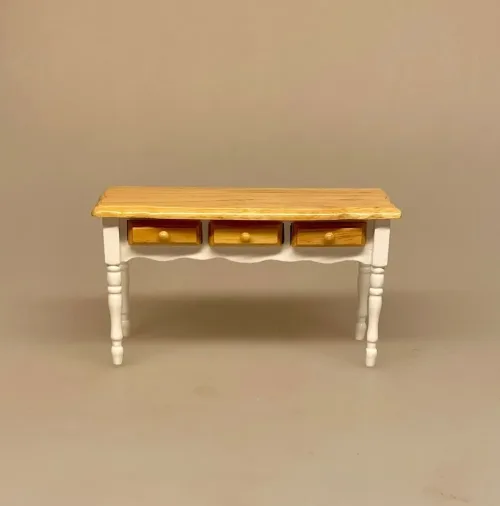 Miniature Køkkenbord - Hvid Natur, køkken, bord, skuffer, bagebord, bagning, køkkenmøbler, dukkehus, ting til, tilbehør, dukkehusmøbler, dukkemøbler, miniaturer, miniature, 1:12, nisser, nissebo, nissehus, nissedør, jul, julekalender, symbolsk, gave, bagedyst, biti, ribe