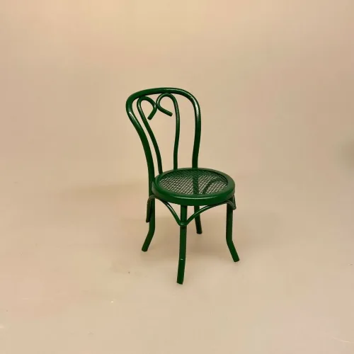 Miniature Metal Stol - Grøn, caféstol, konditori, dukkehus, dukkehusting, dukkemøbler, dukkehusmøbler, dukkestue, dukkehuse, ting til, miniaturer, skala 1/12, 1:12, biti, ribe, små ting, sætterkasse, symbolsk, sangskjuler,, restaurant