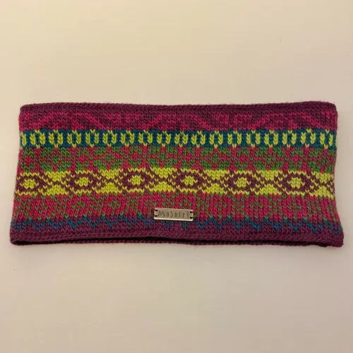 Pandebånd Uld med Fleece - Aubergine Mønster, mættede, lilla, lime, indianer, folklore, hønsestrik, mønsterstrik, farver, spændende, varmt, smart, sporty, foret, biti, ribe