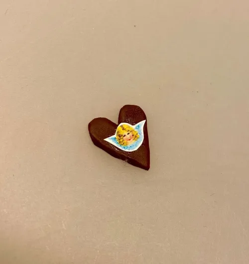 Miniature Honninghjerte med Engel, engle, glansbillede, honningkage med engel,