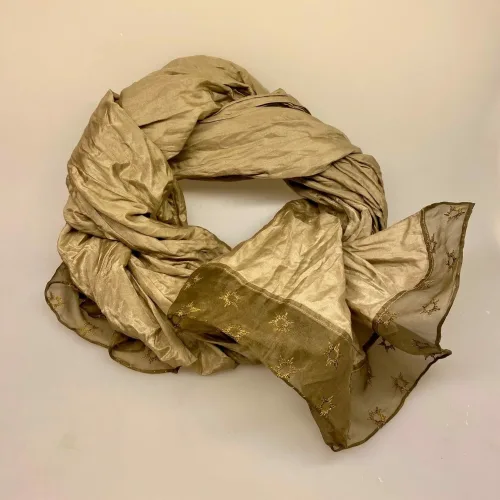 Silketørklæde med Organza Borter - Lys Khaki, stola, sjlke, over skuldrene, fest, tilbehør, lys, flot, lækker, kvalitet, organza, stilig, smuk, festlig, tilbud, udsalg, gave, gaveide, sporty, fyldig, elegant, biti, ribe