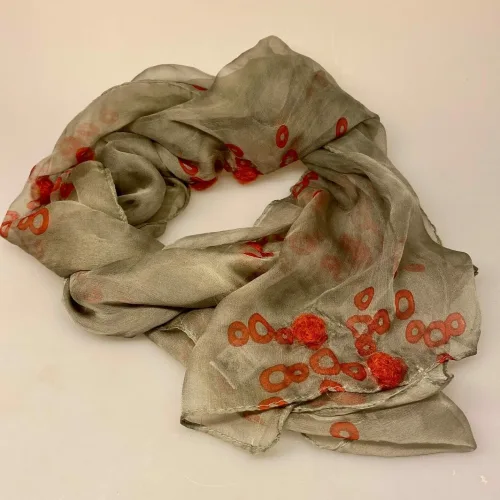 Tørklæde 1530 Silkechiffon med Filt og tryk - Khaki, 01, rust, spændende, interessant, kunstnerisk, særligt, finurligt, filtkugler, sjovt, lækkert, biti, ribe