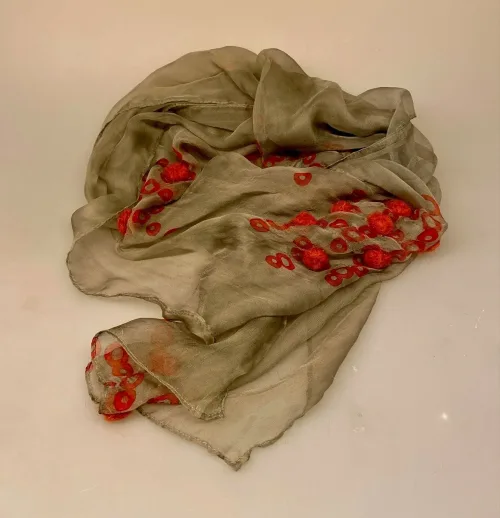 Tørklæde 1530 Silkechiffon med Filt og tryk - Khaki, 01, rust, spændende, interessant, kunstnerisk, særligt, finurligt, filtkugler, sjovt, lækkert, biti, ribe