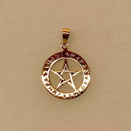 Vikinge Vedhæng i Bronze - Stjerne med Runer, pentagram, det gyldne snit, æstetik, symmetri, matematik, magisk, amulet, beskytter, den gode, stjerne, bronze, gylden, runer, runeskrift, hemmelige, symbol, de fem elementer, let, flot, smuk, kobber, ægte, astrologi, biti, ribe