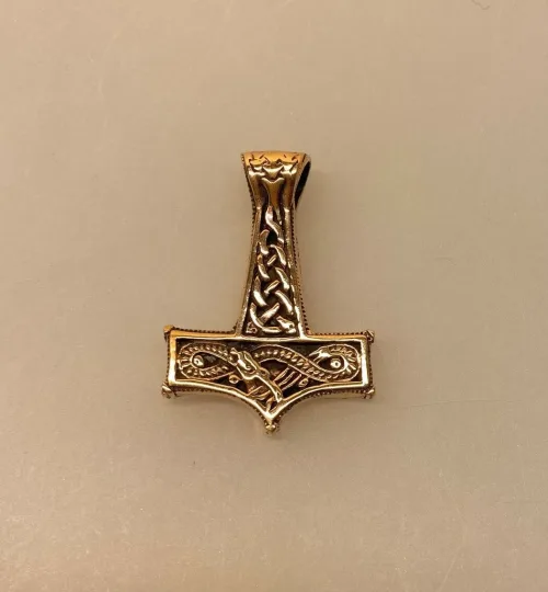 Vikingevedhæng i Bronze - Thorshammer med Slange, bronze, kobber, gylden, billig, original, midgårdsormen, slange, mjølner, thor, hammer, maskulin, torden, guden, aser